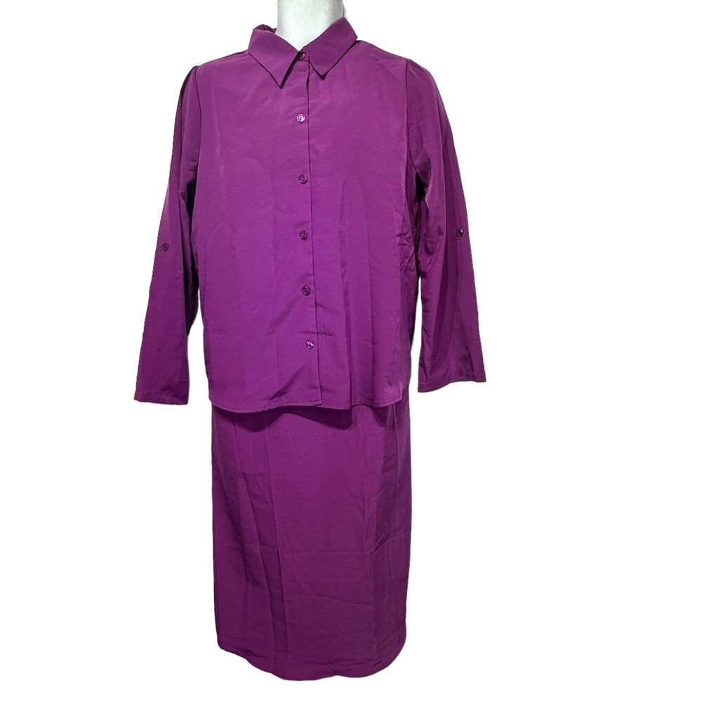 Roamans Size 14W dark purple Button Up Roll Tab Sleeve jacket Dress 2 Piece set